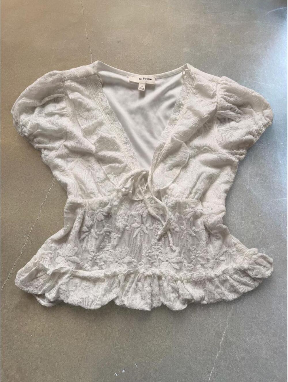 La Pêche White Lace Coquette Tie-Front Crop Top | Women’s Size Small